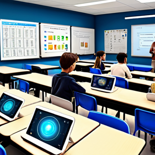Home 15 **Prompt:** A futuristic classroom filled with diverse students, each learning on personalized AI-powered tablets. Holographic teachers and interactive displays enhance the learning experience. Focus on individual learning styles and adaptive education, reflecting a personalized tutoring environment.
