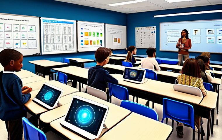 **Prompt:** A futuristic classroom filled with diverse students, each learning on personalized AI-powered tablets. Holographic teachers and interactive displays enhance the learning experience. Focus on individual learning styles and adaptive education, reflecting a personalized tutoring environment.