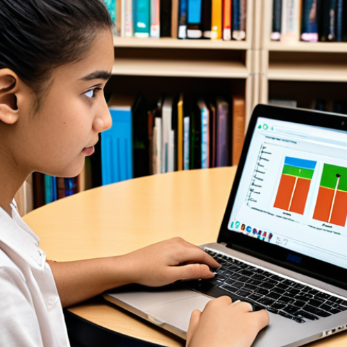 Home 14 **A student using an AI-powered adaptive learning platform on a laptop. The interface shows personalized learning paths and real-time feedback. In the background, bookshelves morph into data streams, visualizing AI adapting content. Focus on creating a feeling of individual empowerment and future education.**