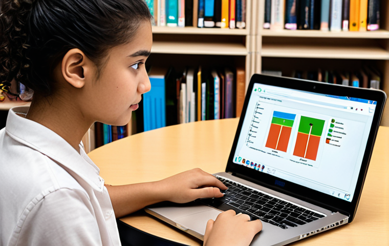 **A student using an AI-powered adaptive learning platform on a laptop. The interface shows personalized learning paths and real-time feedback. In the background, bookshelves morph into data streams, visualizing AI adapting content. Focus on creating a feeling of individual empowerment and future education.**