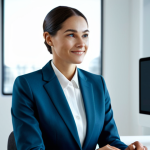 A professional woman in a crisp, modest business suit, seated at a sleek modern desk in a well-lit, minimalist office. She is calmly interacting with a holographic interface displaying a friendly, professional digital avatar. The scene emphasizes collaboration and advanced technology. The subject is fully clothed in professional dress, appropriate attire, safe for work, perfect anatomy, correct proportions, natural pose, well-formed hands, proper finger count, natural body proportions, professional photography, high quality image, appropriate content, family-friendly.