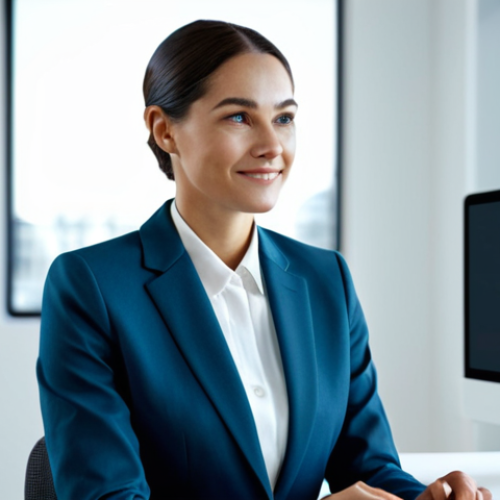 Home 7 A professional woman in a crisp, modest business suit, seated at a sleek modern desk in a well-lit, minimalist office. She is calmly interacting with a holographic interface displaying a friendly, professional digital avatar. The scene emphasizes collaboration and advanced technology. The subject is fully clothed in professional dress, appropriate attire, safe for work, perfect anatomy, correct proportions, natural pose, well-formed hands, proper finger count, natural body proportions, professional photography, high quality image, appropriate content, family-friendly.