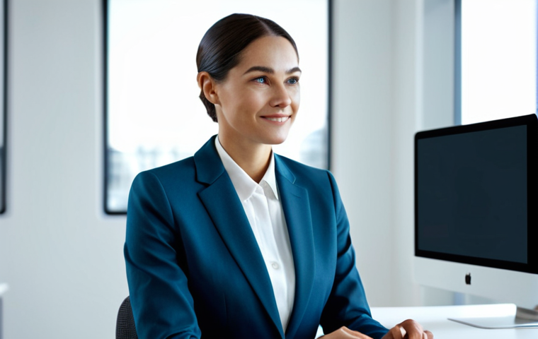 A professional woman in a crisp, modest business suit, seated at a sleek modern desk in a well-lit, minimalist office. She is calmly interacting with a holographic interface displaying a friendly, professional digital avatar. The scene emphasizes collaboration and advanced technology. The subject is fully clothed in professional dress, appropriate attire, safe for work, perfect anatomy, correct proportions, natural pose, well-formed hands, proper finger count, natural body proportions, professional photography, high quality image, appropriate content, family-friendly.