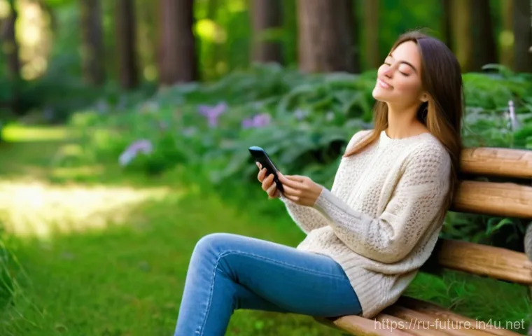 온라인 커뮤니티와 인간 소외 - **Prompt 1: Peaceful Digital Detox in Nature**
"A young woman, approximately 25 years old, with ...