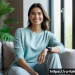 Home 22 웨어러블 헬스 기술 발전 - Serene Health Check-up at Home**
A young woman in her early 30s, with a gentle smile and calm de...