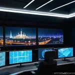 Home 21 사이버 보안과 미래 전쟁 - A highly detailed futuristic cyber warfare control room in a modern Russian city, showing multiple l...
