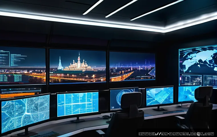 사이버 보안과 미래 전쟁 - A highly detailed futuristic cyber warfare control room in a modern Russian city, showing multiple l...
