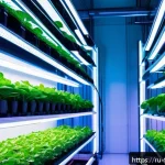 Home 20 식물 공장과 유전자 변형 작물 - A high-tech indoor vertical farm with rows of lush green plants growing under adjustable LED grow li...