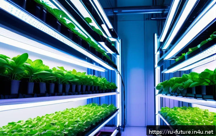 식물 공장과 유전자 변형 작물 - A high-tech indoor vertical farm with rows of lush green plants growing under adjustable LED grow li...