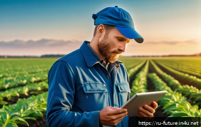 미래 농업 기술 - A modern Russian agricultural field at sunrise, featuring smart sensor devices installed in the soil...