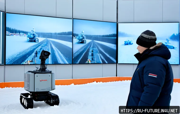 로봇 전쟁과 자동화 무기 - Photorealistic near-future defense control room in a Russian winter setting, a middle-aged technicia...
